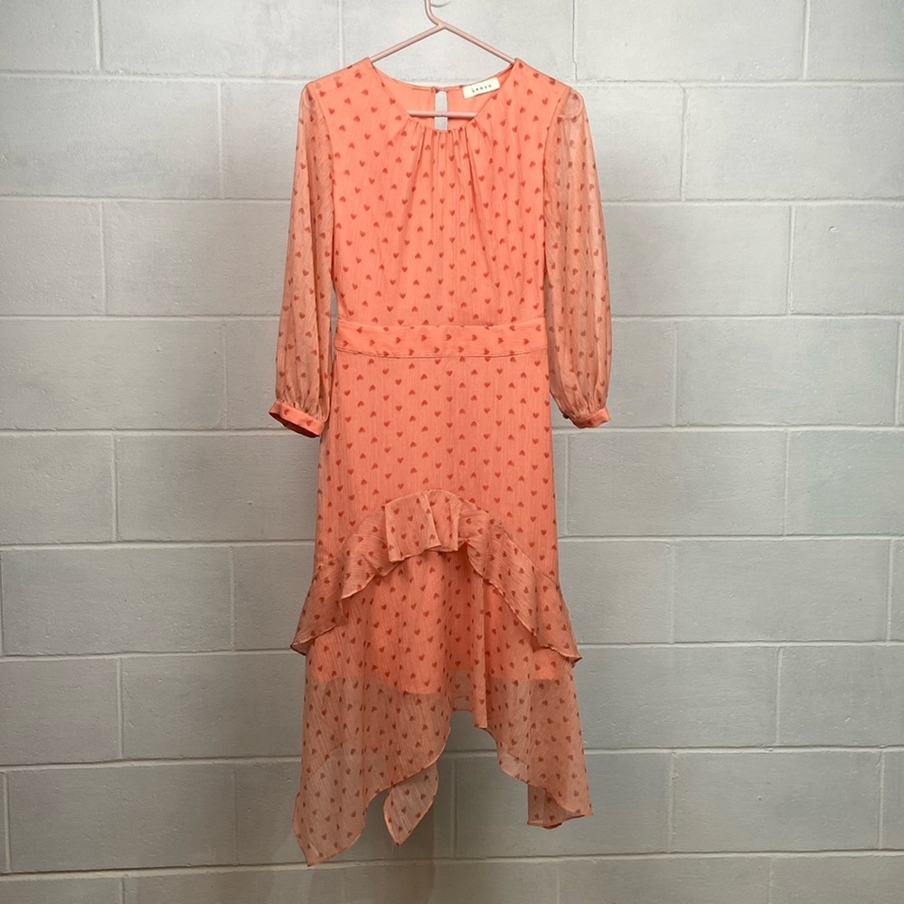 NWOT LENON Women's Sample Dress- Puff Sleeves Round Neck Tie Waist Heart Pattern